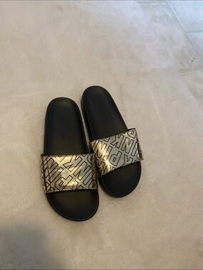 PINK Victoria's Secret Black Slides with Gold Logo Strap